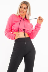 Neon Pink Zip Front Drawstring Waist Hoodie Crop Top - Rudi