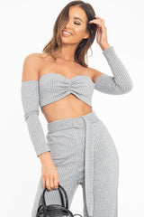 Grey Rib Bardot Crop Top Belted Trousers Co-Ord - Cecilia