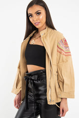Camel Embroidered Sequin Parka Denim Jacket - Laicee