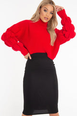 Red Knitted Puff Arm High Neck Jumper - Lola