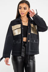 Black Sequin Pocket Button Denim Jacket - Celeste