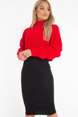 Red Knitted Puff Arm High Neck Jumper - Lola