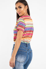 Fuchsia Aztec Print Embroidered T-Shirt - Karinna