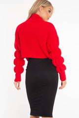 Red Knitted Puff Arm High Neck Jumper - Lola
