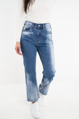 Mid Blue Acid Wash Straight Leg Denim Jeans - Eleina