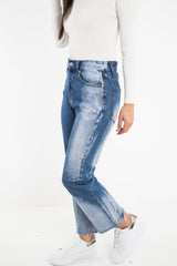 Mid Blue Acid Wash Straight Leg Denim Jeans - Eleina