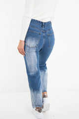 Mid Blue Acid Wash Straight Leg Denim Jeans - Eleina