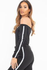Black Reflective Stripe Side Bardot Crop Top - Reece