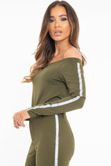 Khaki Reflective Stripe Side Bardot Crop Top - Reece
