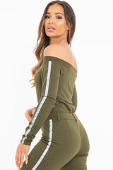 Khaki Reflective Stripe Side Bardot Crop Top - Reece