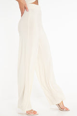 Cream Slinky High Waist Wide Leg Trousers - Traci