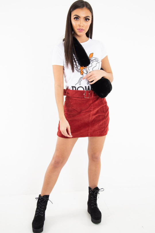 Rust Corduroy Belted Mini Skirt - Mariel