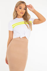 White Neon Green Stripe Tie Front Crop T-Shirt - Britany