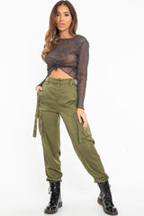 Khaki Satin Utility Pocket Cuffed Hem Trousers - Delilah