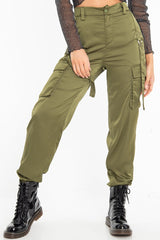 Khaki Satin Utility Pocket Cuffed Hem Trousers - Delilah