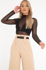 Black Mesh High Neck Long Sleeve Bodysuit - Kimora