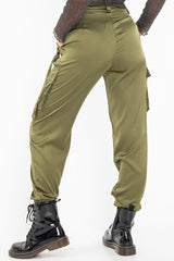 Khaki Satin Utility Pocket Cuffed Hem Trousers - Delilah