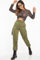 Khaki Satin Utility Pocket Cuffed Hem Trousers - Delilah
