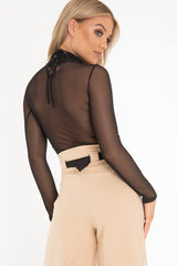 Black Mesh High Neck Long Sleeve Bodysuit - Kimora