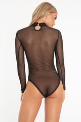 Black Mesh High Neck Long Sleeve Bodysuit - Kimora