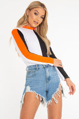 White Black and Neon Orange Contrast Long Sleeved Bodysuit - Lareen