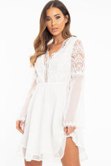 White Lace Sheer Detail Plunge Skater Dress - Mayci