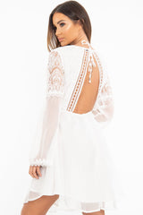 White Lace Sheer Detail Plunge Skater Dress - Mayci