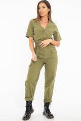 Khaki Woven Button Front Belted Jumpsuit - Suzanna