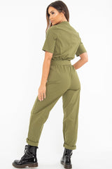 Khaki Woven Button Front Belted Jumpsuit - Suzanna