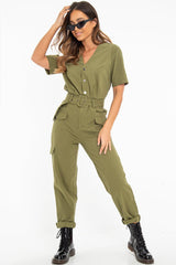Khaki Woven Button Front Belted Jumpsuit - Suzanna