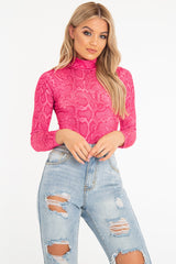 Pink Snake Print High Neck Long Sleeve Bodysuit - Evanna