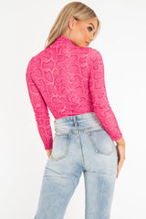 Pink Snake Print High Neck Long Sleeve Bodysuit - Evanna