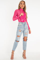 Pink Snake Print High Neck Long Sleeve Bodysuit - Evanna