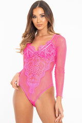 Fuchsia Dobby Mesh Low Cut Bodysuit - Tamara