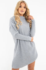 Grey Chunky Rib Slash Neck Jumper Dress - Kameron