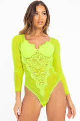 Neon Yellow Dobby Mesh Low Cut Bodysuit - Tamara
