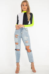 White Black and Neon Yellow Contrast Long Sleeved Bodysuit - Lareen
