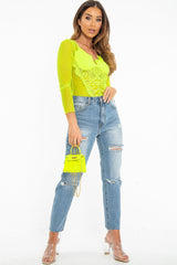 Neon Yellow Dobby Mesh Low Cut Bodysuit - Tamara
