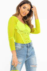 Neon Yellow Dobby Mesh Low Cut Bodysuit - Tamara
