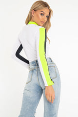 White Black and Neon Yellow Contrast Long Sleeved Bodysuit - Lareen