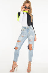 White Black and Neon Yellow Contrast Long Sleeved Bodysuit - Lareen