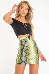 Lime Coated Snake Print Bodycon Mini Skirt - Gigi