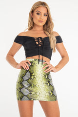 Lime Coated Snake Print Bodycon Mini Skirt - Gigi