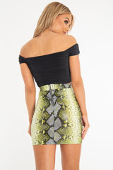 Lime Coated Snake Print Bodycon Mini Skirt - Gigi