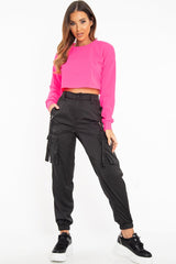 Black Satin Utility Pocket Cuffed Hem Trousers - Delilah