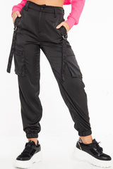 Black Satin Utility Pocket Cuffed Hem Trousers - Delilah