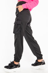 Black Satin Utility Pocket Cuffed Hem Trousers - Delilah