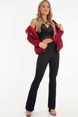 Red Leopard Print Zip Front Puffer Coat - Lidya