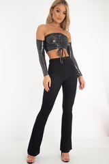 Black Glitter Ruched Front Bardot Long Sleeve Top - Cici