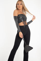 Black Glitter Ruched Front Bardot Long Sleeve Top - Cici